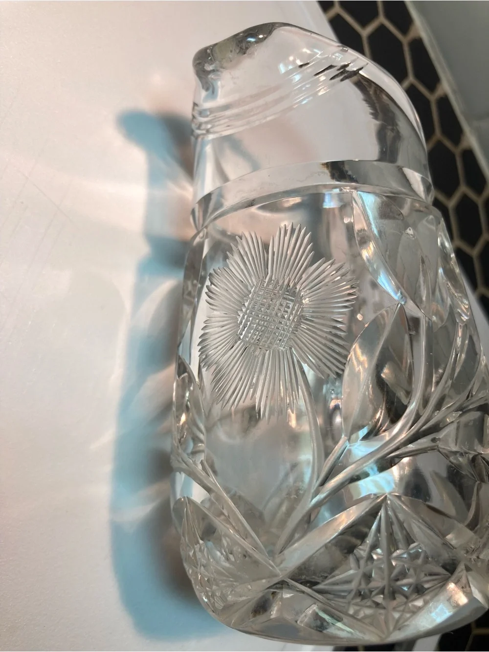 Antique 1900's Miniature Cut Crystal Floral Daisy pitcher jug